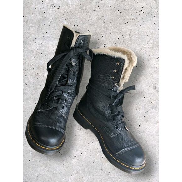 Dr Martens Aimilita FL Fur Lined Combat Boots 7 US Black Leather Nearly New Docs - Picture 1 of 16